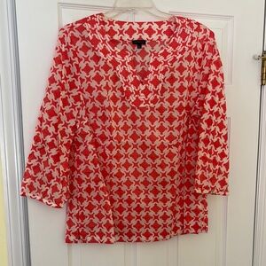 Talbots Coral and White Boxy Blouse with Three-Quarter Sleeves